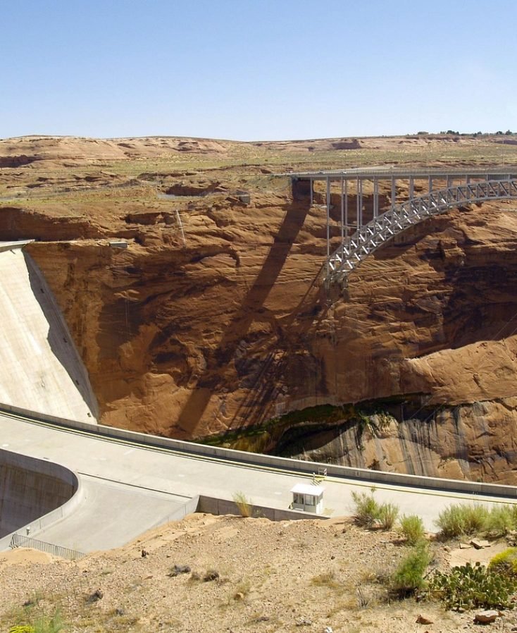 glen canyon dam, power plant, colorado river, steel bridge, construction, arizona, usa, lake powell, page, scenery, landscape, red, rocks, brown construction, brown bridge, brown power